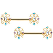 14G 9/16 White Synth Opal Gold Tone Web Barbell Nipple Ring Set