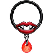 16G 3/8 Red Gem Black Vampire Fang Halloween Hinged Segment Ring