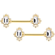 14G 9/16 Clear Gem Gold Tone Regal Rectangle Nipple Ring Set
