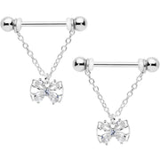 14G 11/16 Clear CZ Gem Beauty Bow Chain Dangle Nipple Ring Set