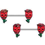 14G 9/16 Skull Red Roses Valentine Barbell Nipple Ring Set