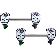 14G 9/16 Skull White Roses Valentine Barbell Nipple Ring Set