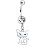 Clear Gem Blue Eyed White Cat Dangle Belly Ring