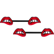 14G 9/16 Black Red Sneering Bite Lips Barbell Nipple Ring Set