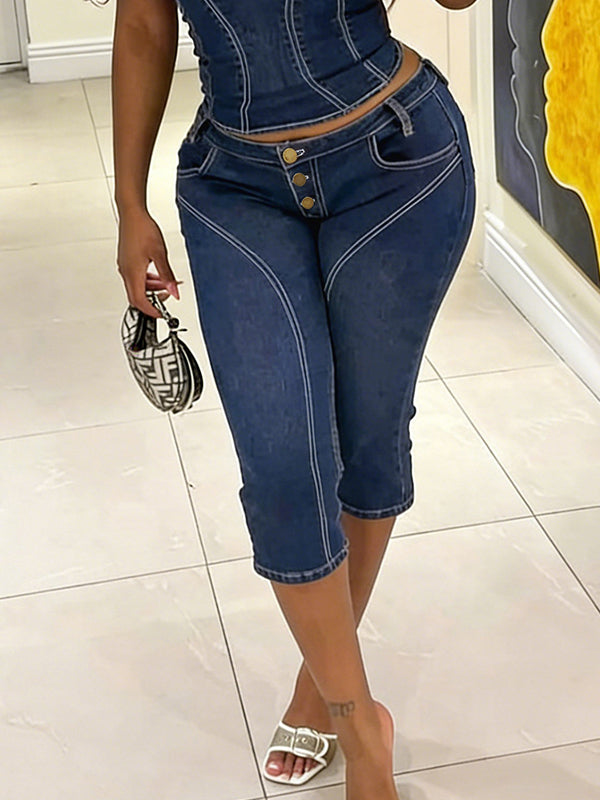 Contrasting Stitching Denim Shorts
