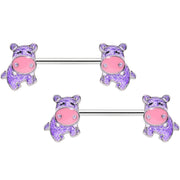 14G 9/16 Happy Purple Hippo Barbell Nipple Ring Set