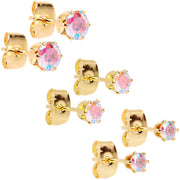 20G Aurora CZ Gem Gold Tone 3mm to 5mm Post Stud Earring Set of 3