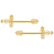 14G 9/16 Clear CZ Gem Gold Tone Scrolling Cross Nipple Ring Set