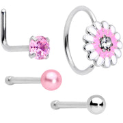 20G 5/16 1/4 Pink CZ Gem Daisy Nose Hoop Bone L Shape Set of 4