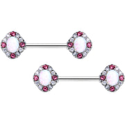 14G 9/16 White Synthetic Opal Glam Oval Barbell Nipple Ring Set