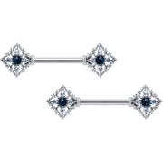 14G 9/16 Clear Blue Gem Textured Rhombus Cross Nipple Ring Set