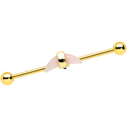 14G Pink Gem Gold Tone Crescent Industrial Barbell 38mm