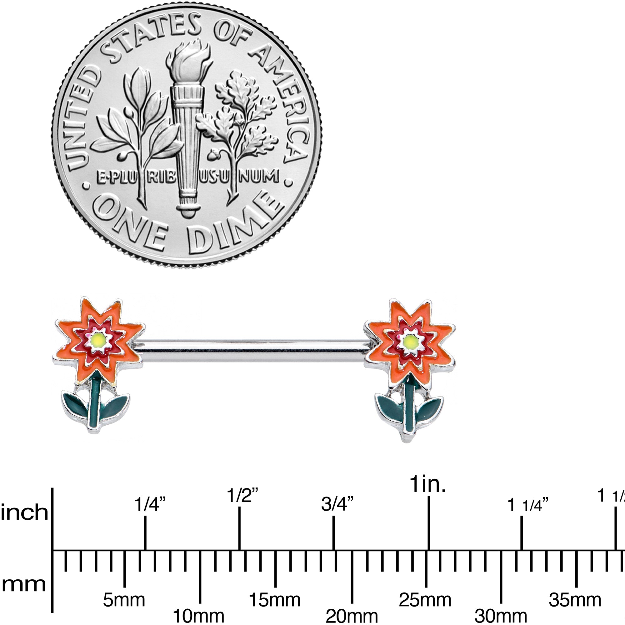 14G 9/16 Red Orange Fanciful Flower Barbell Nipple Ring Set