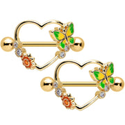 14G 9/16 Clear CZ Gem Gold Tone Butterfly Heart Nipple Shield Set