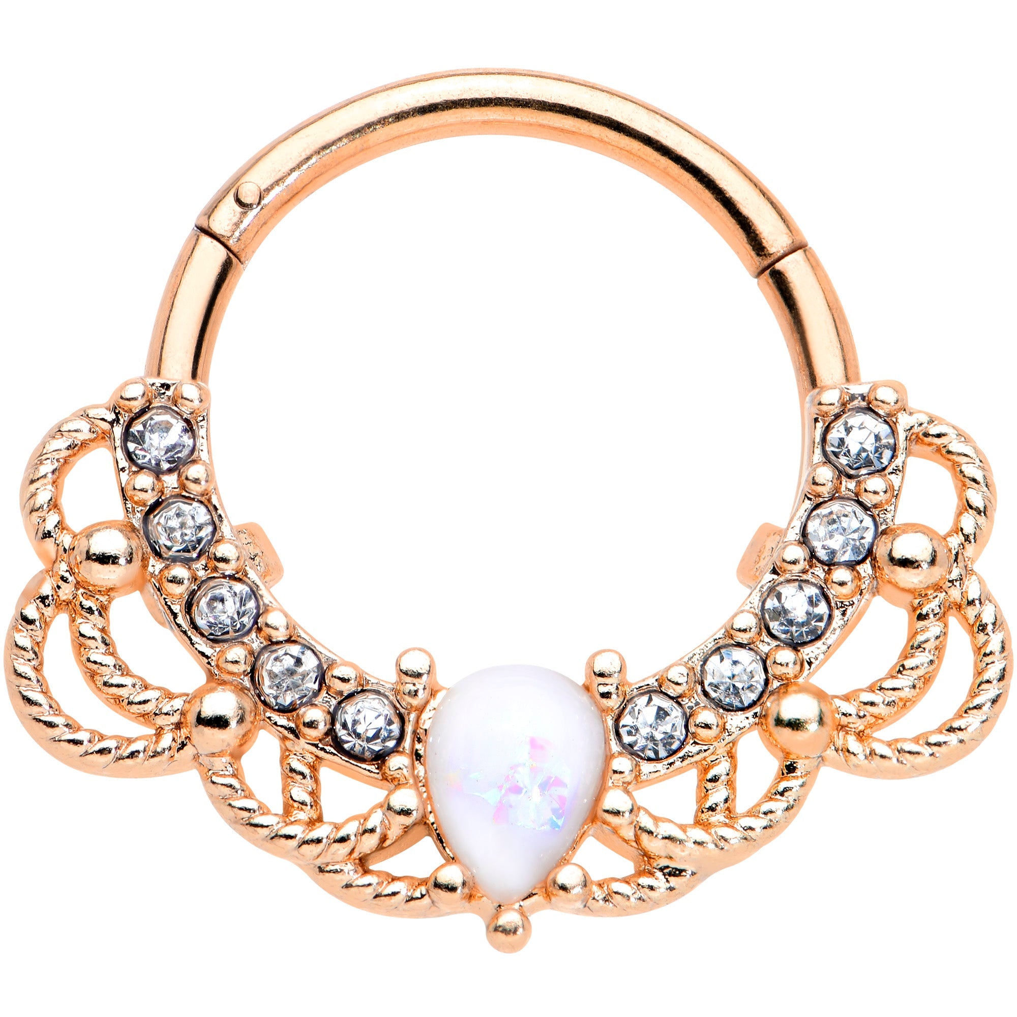 16G 3/8 White Faux Opal Rose Gold Tone Lace Hinged Segment Ring