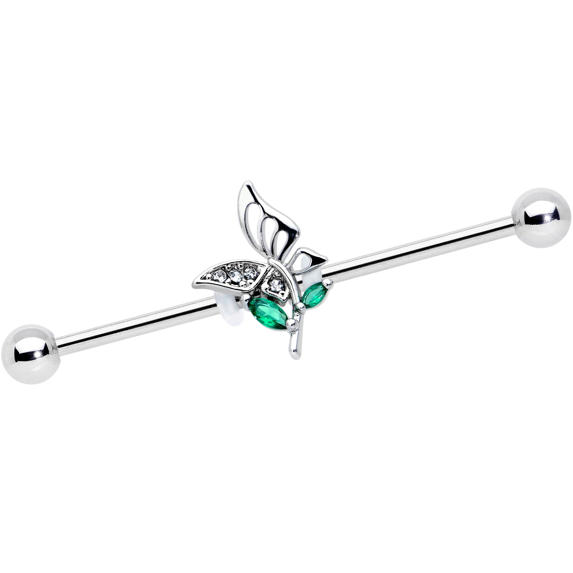 14G Clear Green Gem Floral Butterfly Industrial Barbell 38mm
