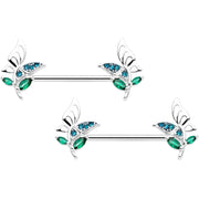 14G 9/16 Blue Green Gem Floral Butterfly Nipple Ring Set