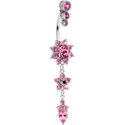 Pink Gem Triple Top Double Flower Drop Dangle Belly Ring
