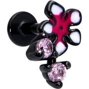 16G 1/4 Pink Gem Black Fanciful Flower Labret Monroe Tragus