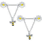14G 9/16 Clear Gem Daisy Bee Chain Dangle Barbell Nipple Ring Set