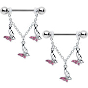14G 9/16 Pink Gem Open Butterfly Chain Dangle Nipple Ring Set