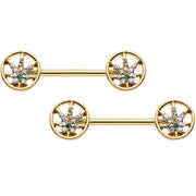 14G 9/16 Clear Green Gem Gold Hue Pot Leaf Circle Nipple Ring Set