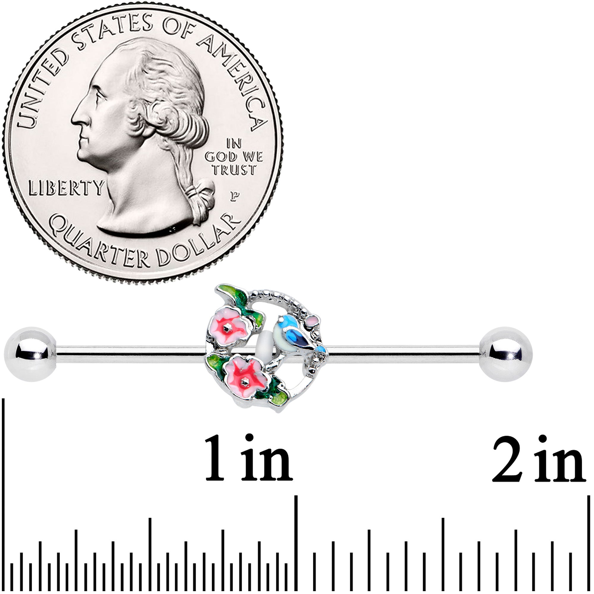 14G Little Blue Bird Pink Flowers Industrial Barbell 38mm