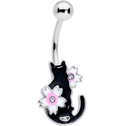 Clear Gem Black Cat Pink Flowers Belly Ring