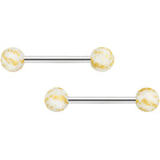 14G 9/16 Matte White Splatter Barbell Nipple Ring Set