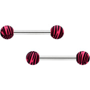 14G 9/16 Matte Pink Zebra Stripe Barbell Nipple Ring Set