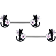 14G 9/16 Clear Gem Flowers Black Cat Barbell Nipple Ring Set