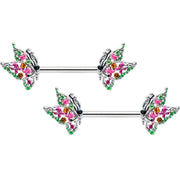 14G 1/2 Pink Gem Openwork Butterfly Barbell Nipple Ring Set