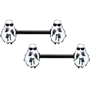 14G 9/16 Black Hipster Ghost Halloween Barbell Nipple Ring Set