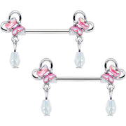 14G 9/16 Heart Pink Butterfly Dangle Barbell Nipple Ring Set