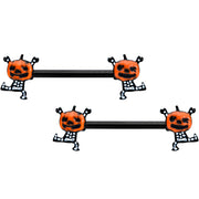 14G 9/16 Black Dancing Skeleton Pumpkin Halloween Nipple Ring Set