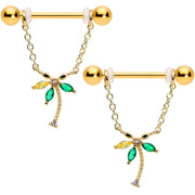 14G 9/16 Green Gem Gold Hue Palm Tree Chain Dangle Nipple Ring Set