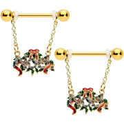 14G 9/16 Clear Gem Gold Tone Garland Christmas Nipple Ring Set
