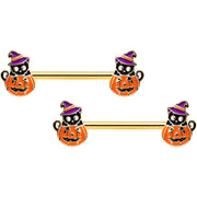 14G 9/16 Gold Hue Black Witch Cat Pumpkin Barbell Nipple Ring Set