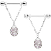 14G 9/16 Pink Rose Quartz Drop Tree Chain Dangle Nipple Ring Set