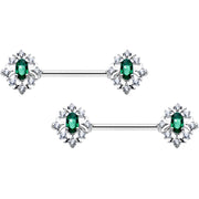 14G 9/16 Clear Green Gem Ornate Art Deco Barbell Nipple Ring Set