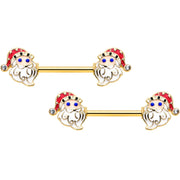 14G 9/16 Clear Gem Gold Hue Happy Santa Christmas Nipple Ring Set