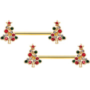 14G 9/16 Red Gem Gold Tone Christmas Tree Nipple Ring Set
