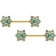14G 9/16 Aqua Gem Gold Tone Snowflake Christmas Nipple Ring Set