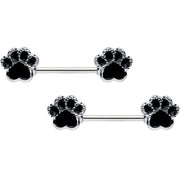 14G 9/16 Textured Black Paw Print Barbell Nipple Ring Set