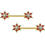 14G 9/16 Red Gem Gold Hue Bright Christmas Barbell Nipple Ring Set