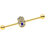 14G Blue Gem Gold Tone Hamsa Hand Eye Industrial Barbell 38mm