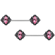 14G 9/16 Pink Gem Rhombus Retro Barbell Nipple Ring Set