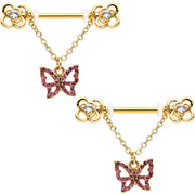 14G 5/8 Pink Gem Gold Hue Simple Butterfly Dangle Nipple Ring Set