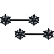 14G 9/16 Clear CZ Gem Black Abstract Sun Barbell Nipple Ring Set