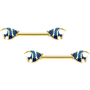 14G 9/16 Gold Tone Blue Stripe Adorable Angelfish Nipple Ring Set